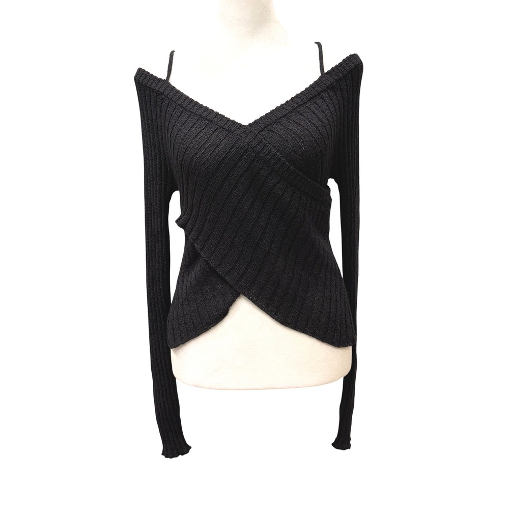 Silence + Noise Black Ribbed Wrap Off Shoulder Long Sleeve Sweater Medium Goth